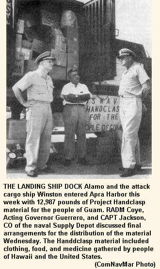 RADM Coye, Acting Governor Guerrero, and CAPT Jackson, CO of the Naval Supply Depot discussed final arrangements for the distribution of the material Wednesday. The Handclasp material included clothing, food, and medicine